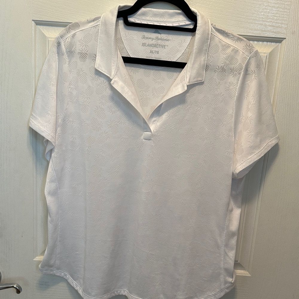 Tommy Bahama White Short-Sleeve Polo with Subtle Pineapple Texture Print Size XL